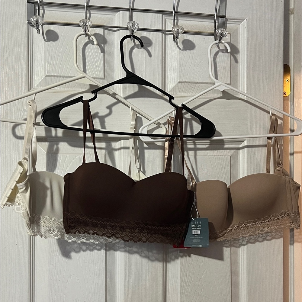3 Lace Trimmed Bras - Cream, Brown, Tan